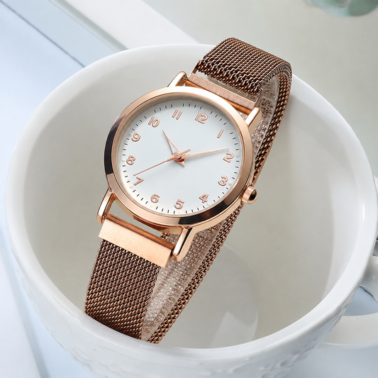 Women's Quartz Watch, Magnetic Mesh Strap in Black or Rose Gold