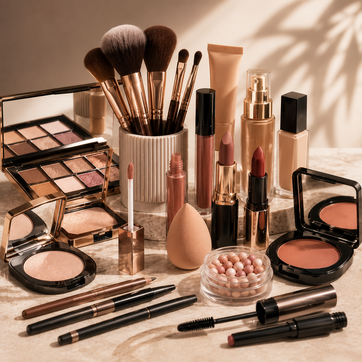 International Markets Bazar Makeup collection — lipstick and brush on a warm rose gradient