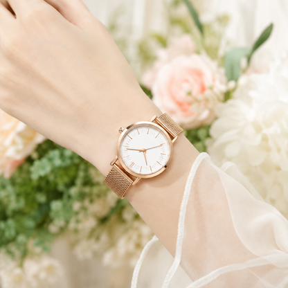 Women's Quartz Watch, Magnetic Mesh Strap in Black or Rose Gold