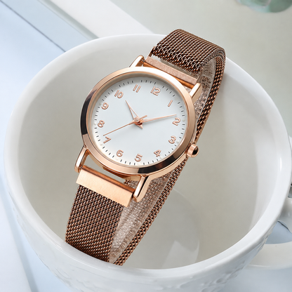 Women's Quartz Watch, Magnetic Mesh Strap in Black or Rose Gold