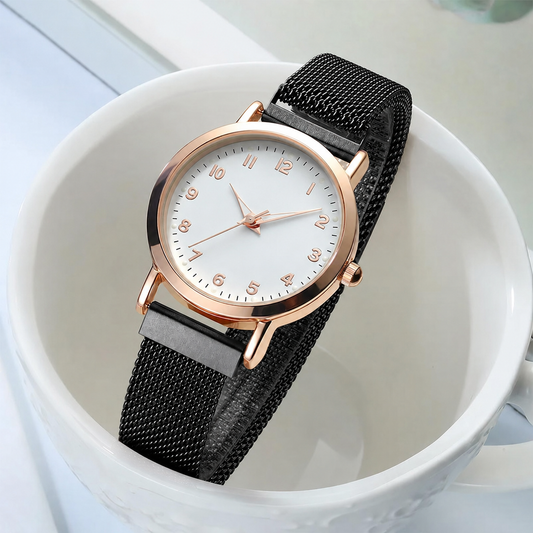Women's Quartz Watch, Magnetic Mesh Strap in Black or Rose Gold